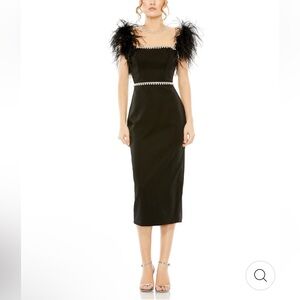 Mac Duggal FEATHER CAP SLEEVE PEARL EMBELLISHED T-LENGTH FIT DRESS